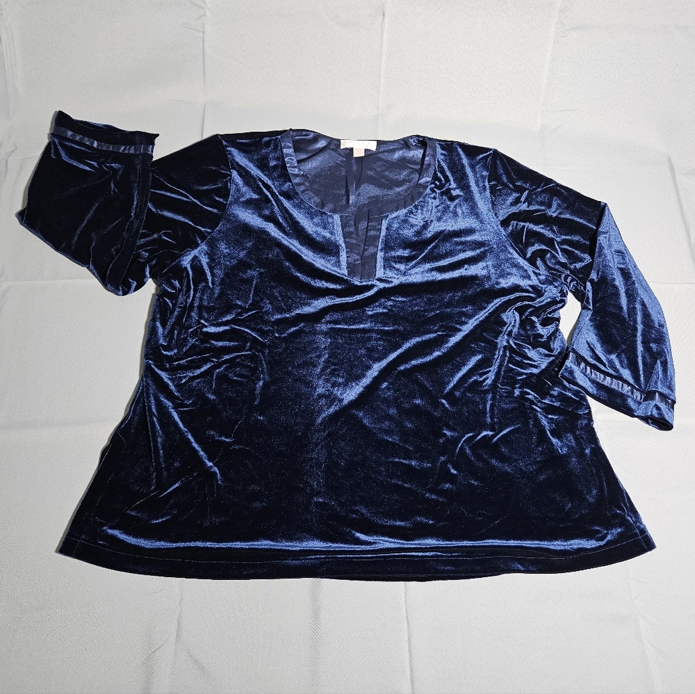 Oscar De La Renta Pink Label Navy Velvet Vneck 3/4 Sleeve Designer Top 3XL
